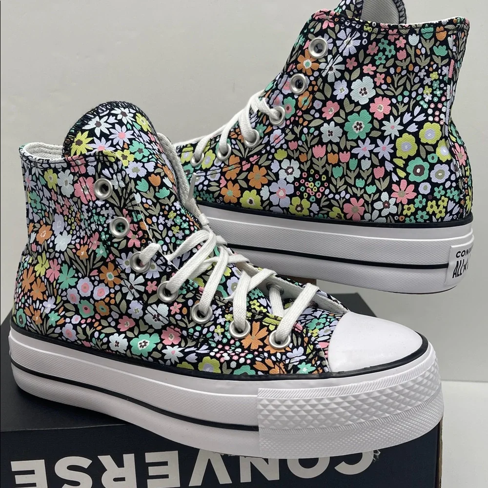 Converse Floral Platform High Top Sneakers - Black with Pastel Flowers